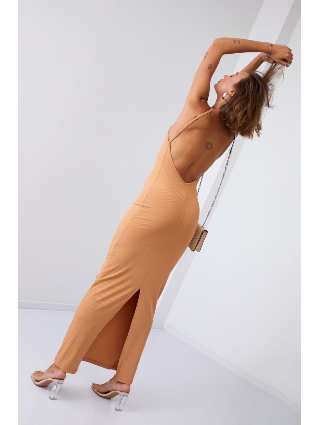 Rochie maxi striata cu crapatura, bej 110591 - Magazin online - Boutique